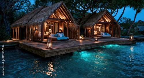 Tranquil overwater bungalows illuminated at dusk with serene water and tropical foliage
