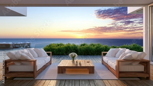 Luxurious outdoor living space with ocean view at sunset, modern furniture