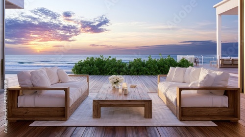 Serene beachside deck with plush seating facing a breathtaking ocean sunset
