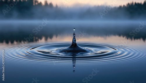Tranquil lake at dawn, mist swirling, water droplet creates ripples