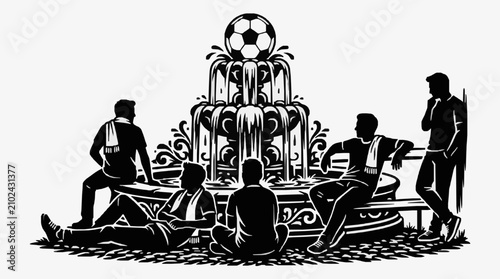 Fotografie Soccer fans relaxing by decorative fountain illustration.