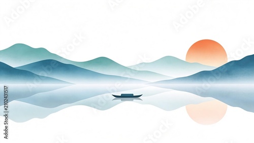 Blue landscape, solitary boat, setting sun, simple Chinese style background
