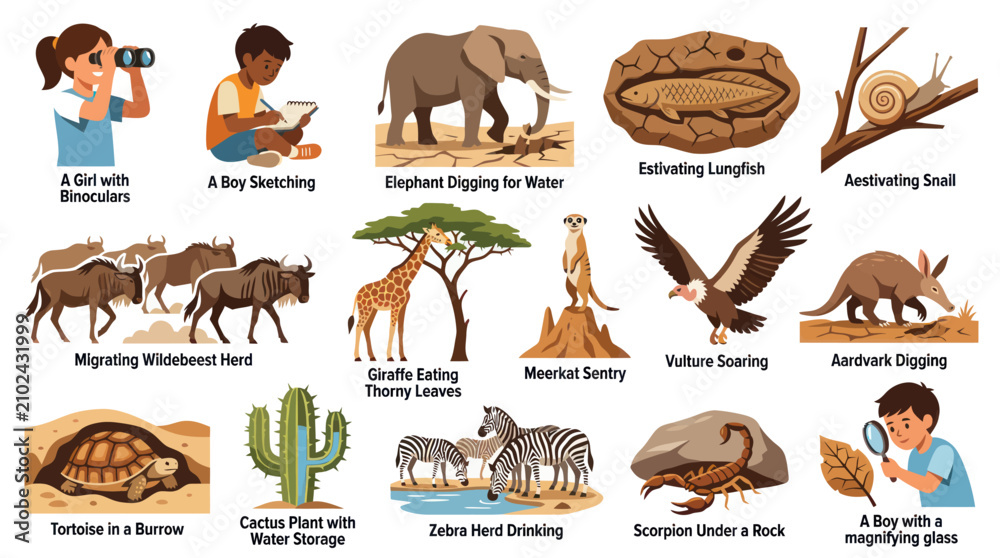 Obraz premium Educational Biology and Wildlife Concepts Flat Vector Illustrations Set for Nature Learning