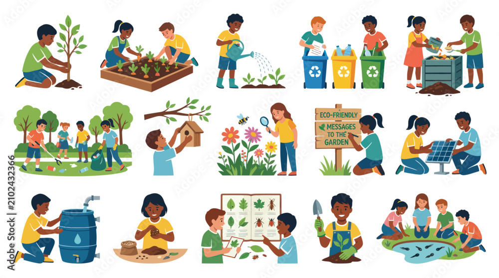 Fototapeta premium Children Environmental Education Flat Vector Illustration Set. Kids Learning Sustainability, Nature, and Eco-friendly Habits.