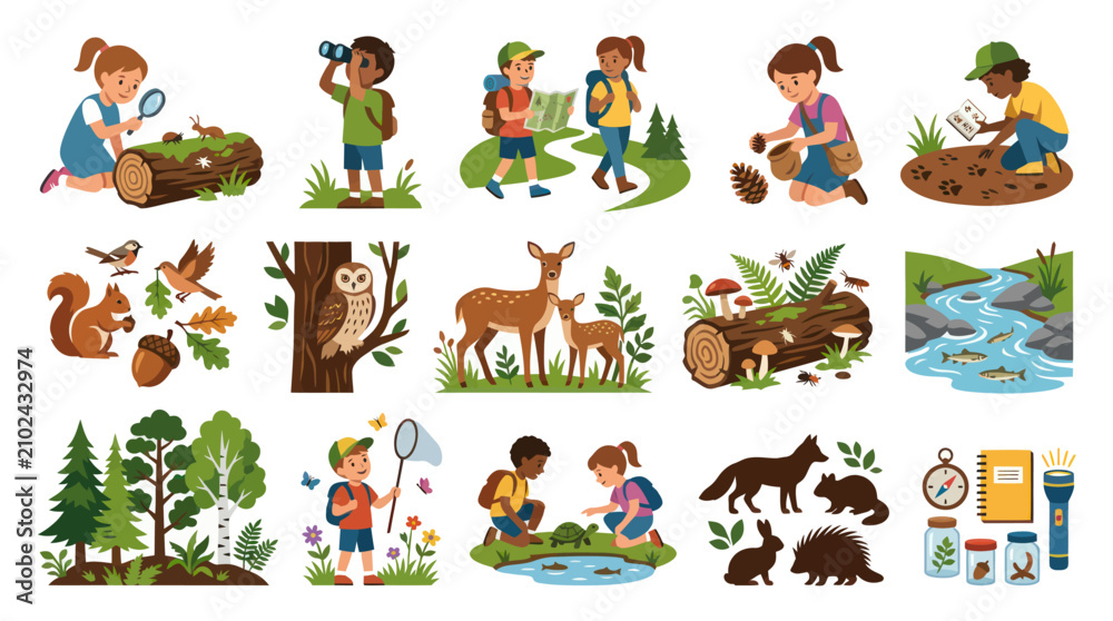 Naklejka premium Children Exploring Nature, Animals, and Science in a Flat Illustration Style