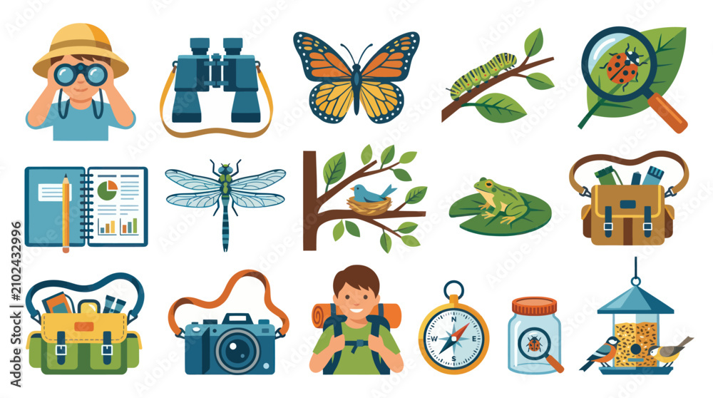 Fototapeta premium Nature Exploration Flat Icons: Kids, Binoculars, Butterfly, Insects, Camera