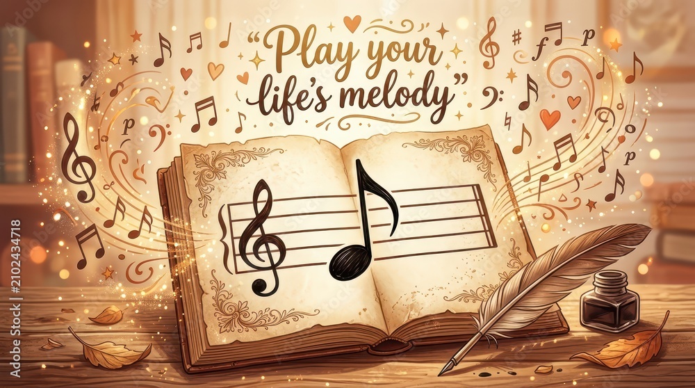 Fototapeta premium Vintage open music book with feather quill and inkwell, surrounded by musical notes and inspirational quote about life's melody