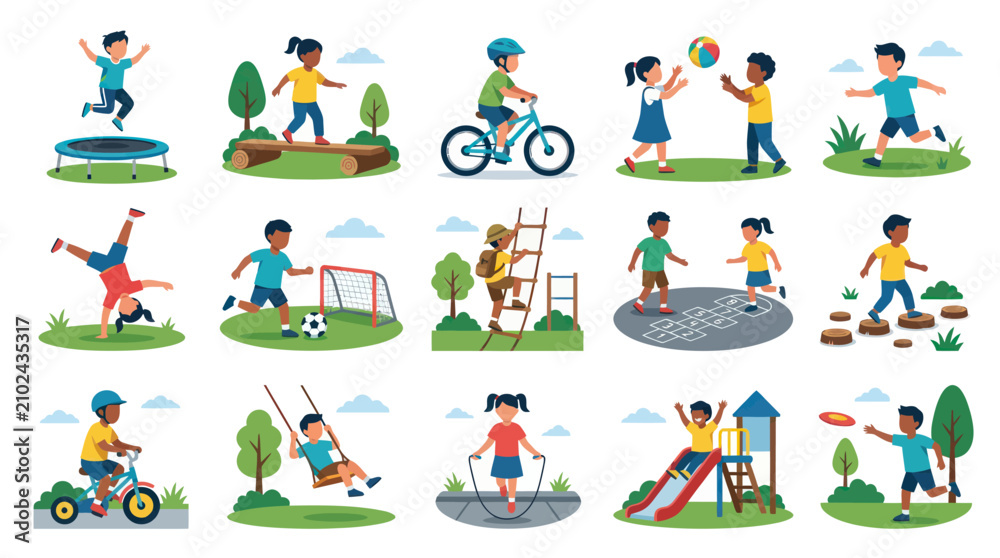 Fototapeta premium Diverse Children Playing Sports and Outdoor Activities, Flat Vector Style