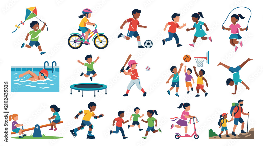 Fototapeta premium Flat vector illustration of children engaged in various sports and healthy outdoor activities.