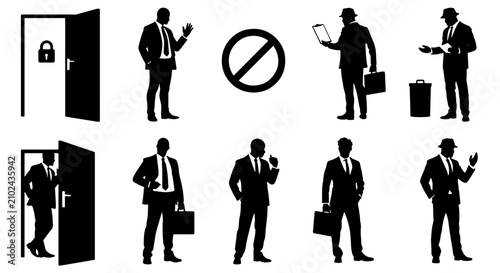 Bild auf Leinwand Business Silhouette Icons Set: Professional Men in Suits, Doorway, Padlock, Forb