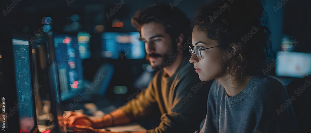 Obraz premium A focused pair of individuals diligently working on computers in a modern tech setting