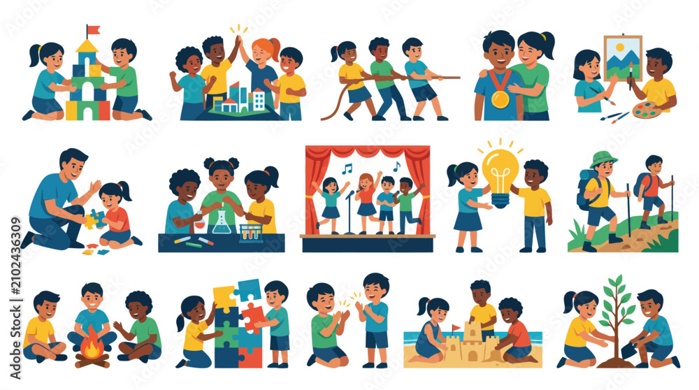 Fototapeta premium Diverse Children Engaged in Activities, Educational Creative Vector Art