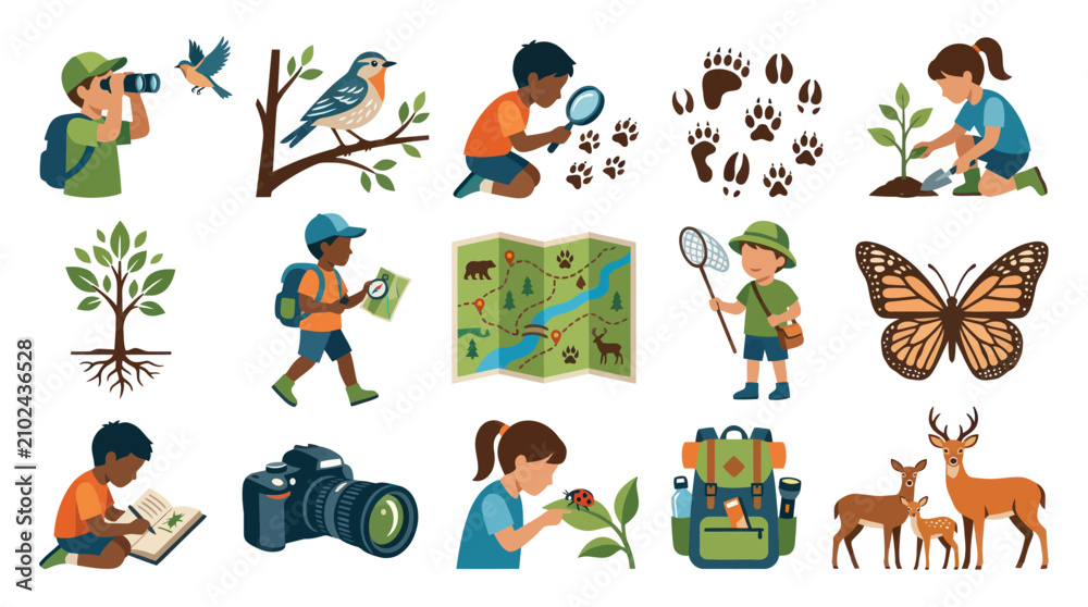 Fototapeta premium Nature Exploration Icons: Children, Animals, and Outdoor Activities Flat Style
