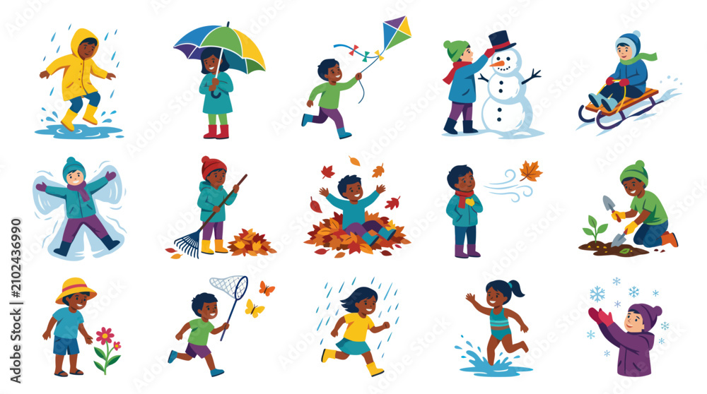 Fototapeta premium Children Seasonal Activities Flat Vector Illustration Set. Kids Playing in Spring, Summer, Autumn, Winter Weather