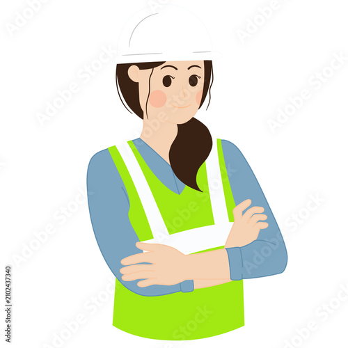 Smiling female construction worker in white hard hat  neon green safety vest. Perfect for construction industry advertisements  safety materials.