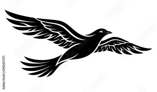 Canvastavla Elegant black and white gliding bird vector icon with modern minimalist wings is