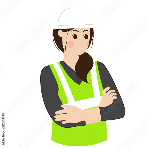 Female construction worker in white hard hat, neon yellow vest, and dark grey shirt. Suitable for construction or safety concepts.