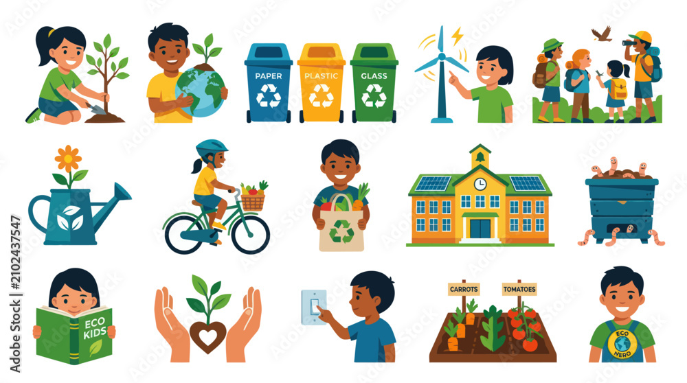 Fototapeta premium Eco-Friendly Kids Activities Flat Vector Illustration Set for Environmental Education and Sustainable Living