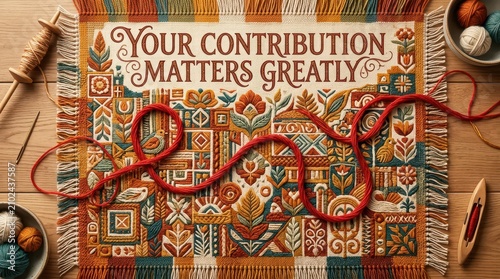 Handmade embroidered textile art with inspirational message 'Your Contribution Matters Greatly', surrounded by craft supplies