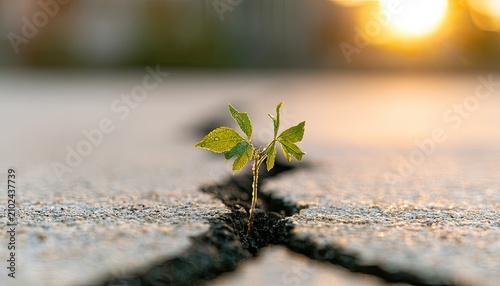 A small green plant pushes through a crack in concrete, bathed in warm sunlight