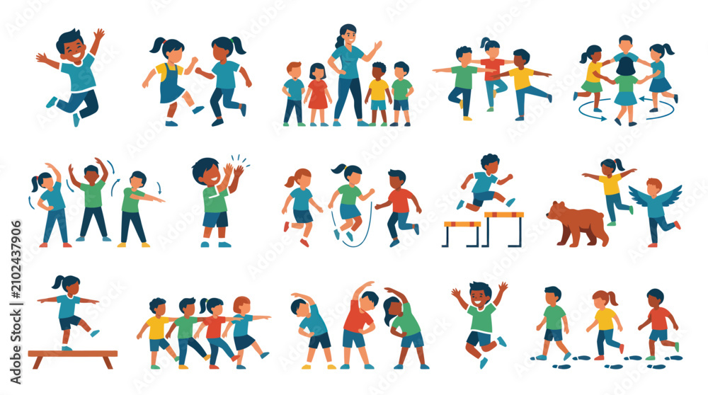 Fototapeta premium Flat Vector Illustration of Active Diverse Kids Playing and Exercising for Child Development and Education.