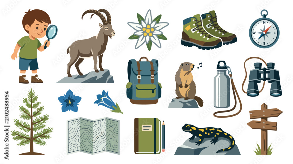 Fototapeta premium Outdoor Adventure Flat Vector Elements Set: Hiking Gear, Alpine Animals Plants, Nature Exploration Icons