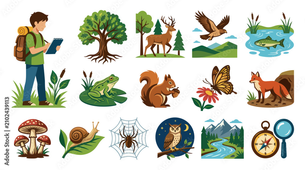 Obraz premium Flat Style Nature and Wildlife Icons Set - Animals, Plants, Landscape, Explorer
