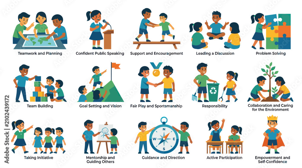 Fototapeta premium Children Learning Skills: Teamwork, Confidence, Problem Solving, Leadership Icons
