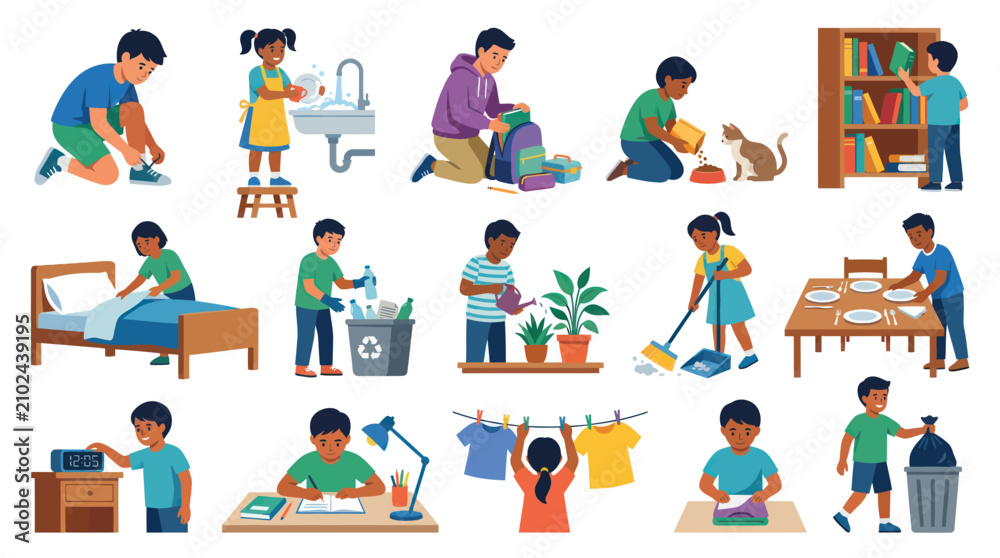 Fototapeta premium Kids Doing Chores and Activities - Flat Vector Illustrations