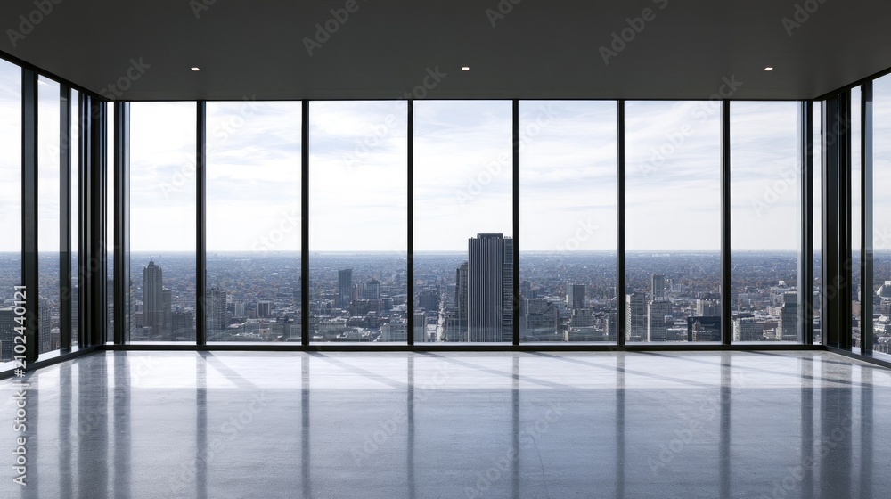 Naklejka premium Spacious empty room with floor-to-ceiling windows overlooking city skyline