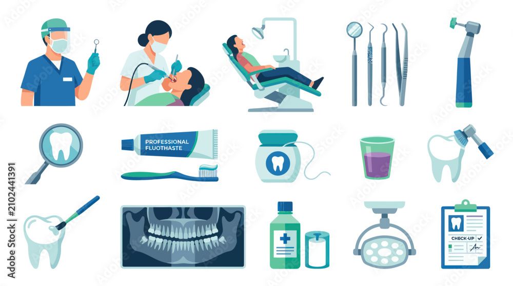 Fototapeta premium Dental Hygiene and Care Flat Icons Set: Dentist, Tools, Tooth X-ray, Equipment