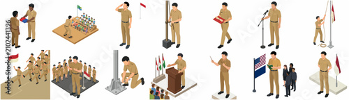 Fotografía Isometric set of Indonesian civil servants (PNS/ASN) in brown khaki uniforms per