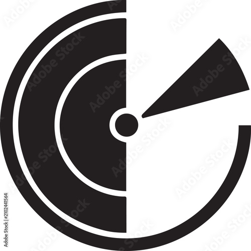 Vector black and white radar icon with a scanning beam and concentric circles, isolated on a transparent background, suitable for app UI or technology branding.