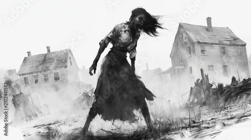 Woman in dark clothes stands in fog among old houses and ruins during a spooky scene depicting a mysterious atmosphere