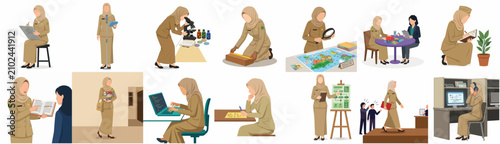 Cuadro en lienzo Indonesian female civil servant character set in brown uniform and hijab perform