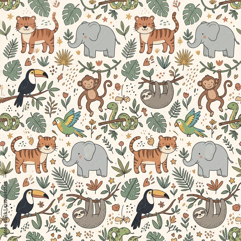 Naklejka premium Scandinavian Jungle Animal Nursery Pattern