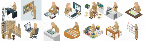 Isometric Illustration Set of a Muslim Female Teacher in Khaki Uniform Engaged in Various Educational and Administrative Tasks for Remote Teaching and School Management.