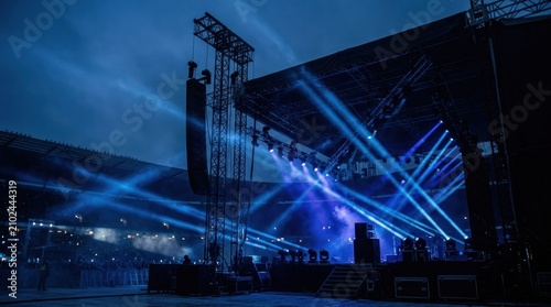 A large outdoor concert stage with blue lights and a crowd of people in the foreground.
