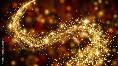 A golden, starry, swirling trail of light against a dark, blurred background, with a few scattered stars and a few bright, glowing spots, creating a magical, festive, and celebratory atmosphere.