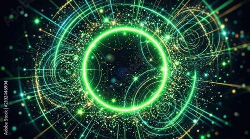 A vibrant green and gold circular pattern with sparkling particles and light streaks, set against a dark background with a central circular opening.