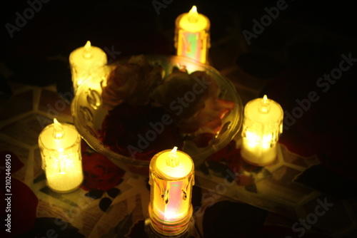 Diwali decoration of electric light looking like Burning Wax candles at dark. 
