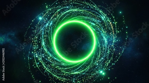 A vibrant green and blue spiral of particles and light swirling around a central circular opening, set against a dark, starry background with a few scattered stars.