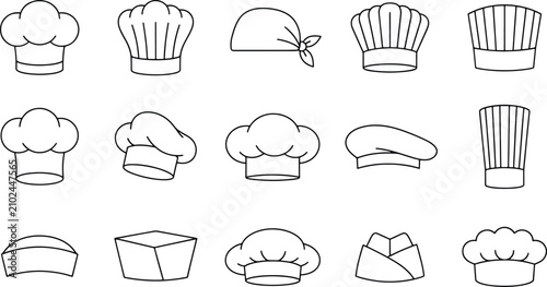 Set of professional chef hats and kitchen cook headwear line art icons with restaurant culinary headwear clothing illustration collection professional headgear catering accessory