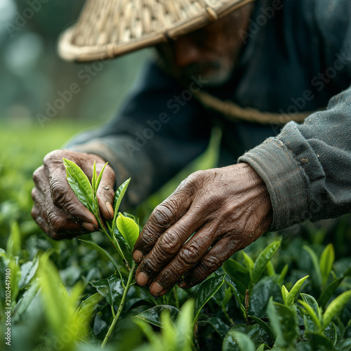 Fototapeta One tea plantation worker is picking fresh tea leaves.