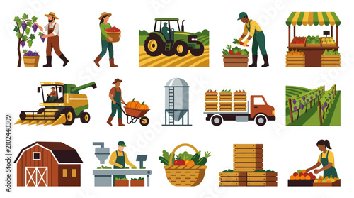 Farming and Agriculture Flat Vector Icons: Harvest, Tractor, Barn, Market