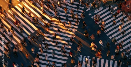 Blurry aerial view of people crossing a busy intersection with striped crosswalks