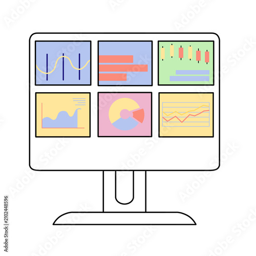 Ideal for business reports, presentations, data analysis projects. Computer monitor with various data visualizations  line, bar, pie graphs.