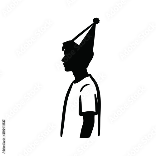 Silhouette of an adolescent boy wearing a birthday party hat. Minimalist profile vector illustration. Youth celebration graphic isolated