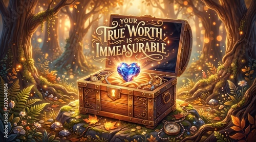 Enchanted Treasure Chest Filled With Jewels in a Magical Forest, Inspiring 'Your True Worth is Immeasurable' Message