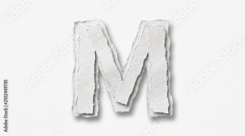 A torn paper alphabet with the letter M, made of white paper with a textured surface, against a white background with a slight shadow.
